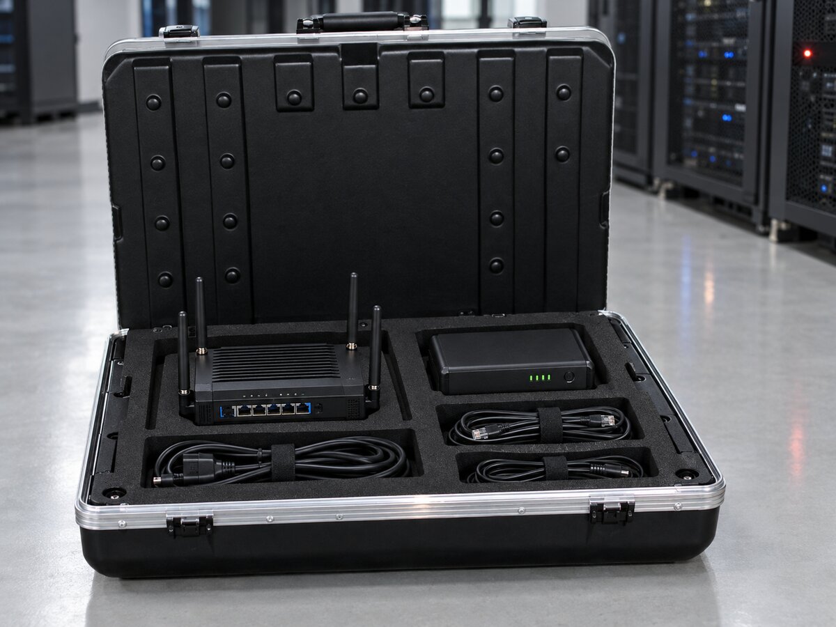 KI-generiertes Beispielbild: IT-Koffer mit Router und Akku in einem Serverraum
